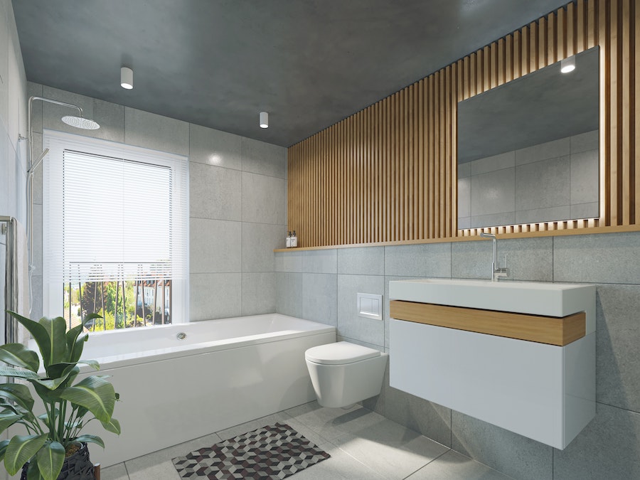 A futuristic bathroom featuring a smart toilet seat